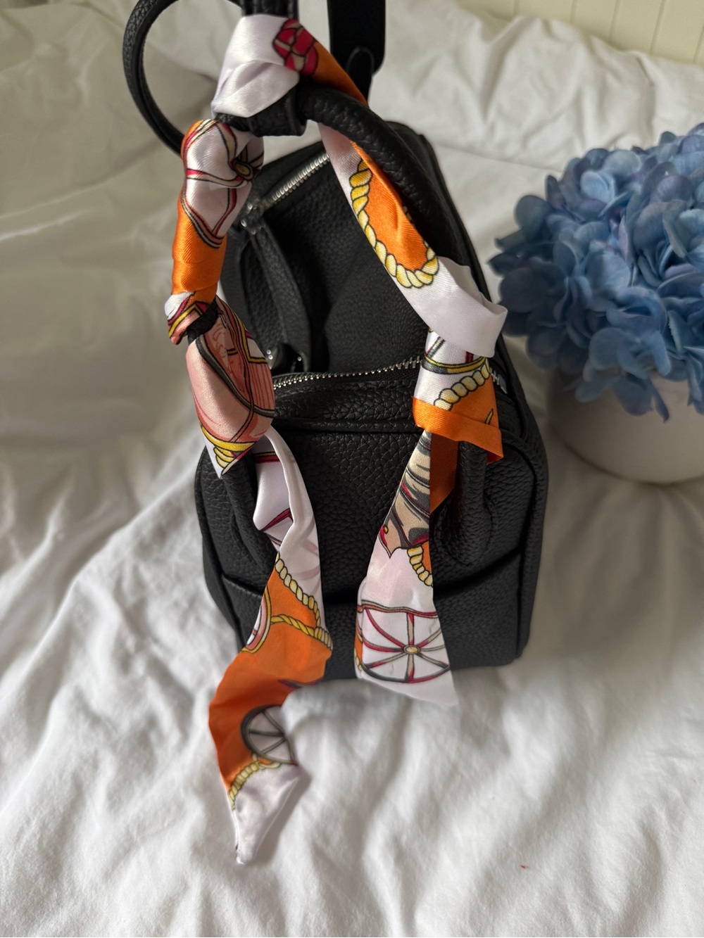 Black Pebbled Leather Shoulder Bag with Orange Accent Scarf - Picture 7 of 7